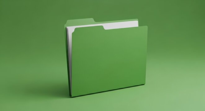 A green file folder standing open on a green surface in office