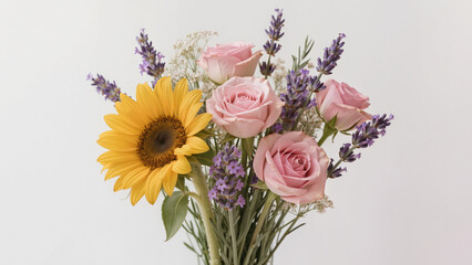bouquet of flowers, Vibrant mixed bouquet featuring a sunflower. Three pink roses add soft, romantic elegance. Sprigs of lavender provide purple texture and height. Large yellow sunflower  © Creative 
