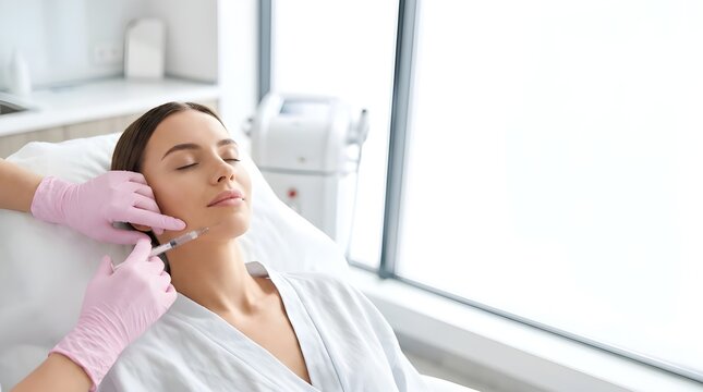 Woman receiving facial botox injection in chin and jawline, professional cosmetic dermal treatment