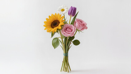 Charming mix of four flower types. ​Vibrant sunflower creates central focal point. ​Lush pink roses add romantic touch. ​Single purple tulip stands tall. ​Dainty white daisy adds rustic charm. © Creative 