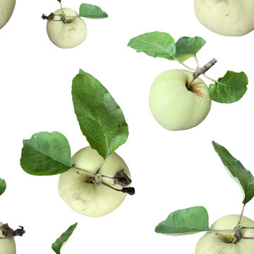 Seamless pattern with fresh green apples and leaves arranged on a light neutral background. Repeating botanical fruit design featuring natural organic apples with stems and foliage, ideal for textile 