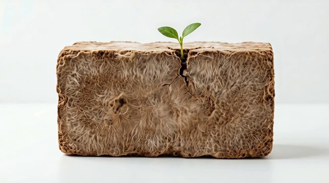 Ladrillo biomaterial de micelio velloso con brote vital emergente