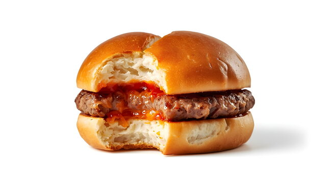 Bitten Classic Hamburger Showing Juicy Beef Patty Isolated on White Background