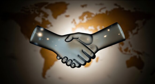 Business partnership handshake occurs on a global map background