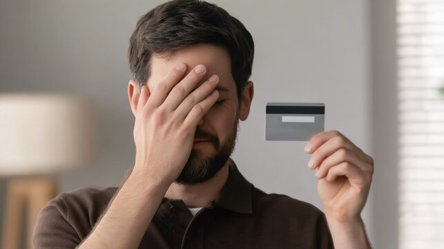 Man with Credit Card Expressing Frustration While Facing Slightly Right in Bright Indoor Setting