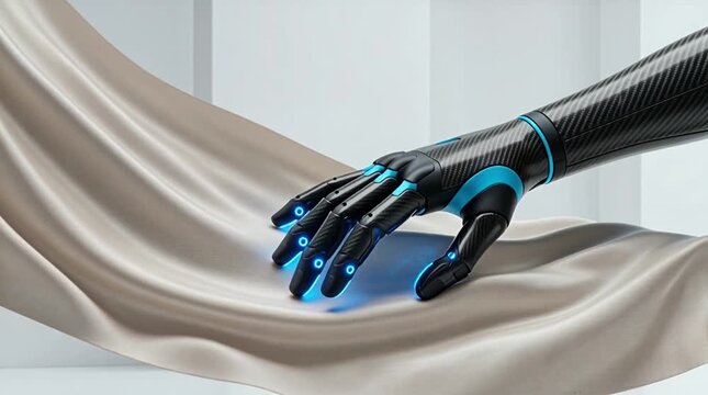 Mano bi&oacute;nica de fibra de carbono acariciando una tela de seda