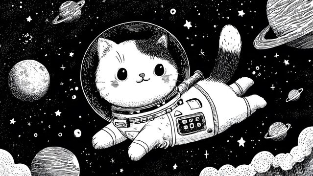 Cute cat astronaut floating in whimsical outer space illustration