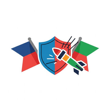 Rocket attacking a shield with flags in background.