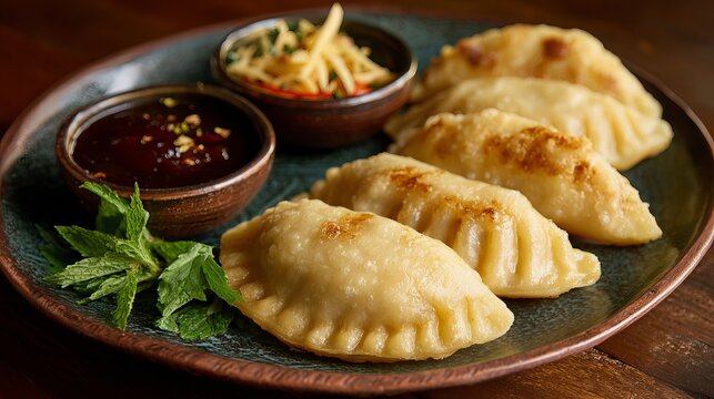 Sweet, fried dumplings enjoyed during Holi and Diwali sit on a plate.