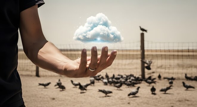 A person's outstretched hand holds a fluffy white cloud above a flock of pigeons gathered on a dusty ground with a fence in the background