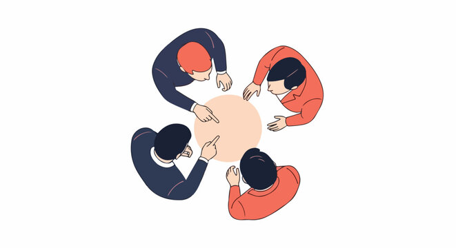 Overhead view of four diverse professionals in a meeting, pointing towards a central object or idea, symbolizing teamwork, collaboration, strategy, and shared focus.