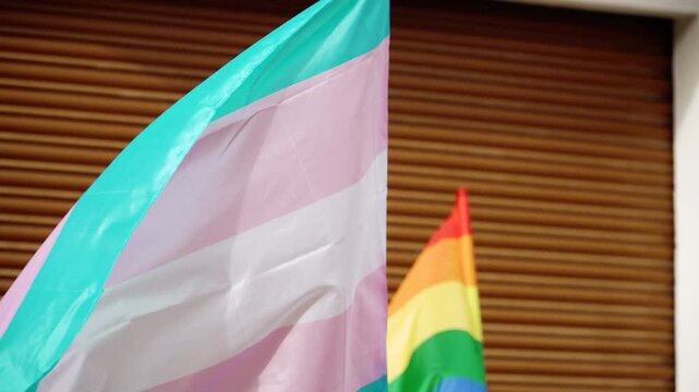 Transgender flag slightly waving in wind moves during parade in Spanish city. Pink blue and white flag of transgender community against lgbt flag carried by impersonal participants during pride month.