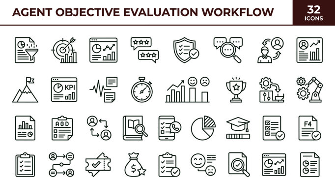 Agent objective evaluation workflow icon set KPI monitoring performance analysis assessment decision metrics outline vector collection