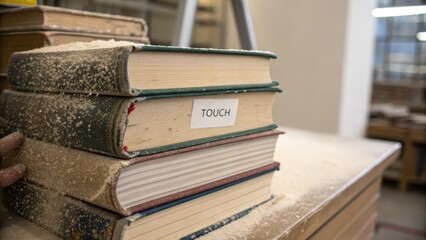 Fototapeta premium Dusty Books on a Table with Touch Label in a Vintage Library Setting