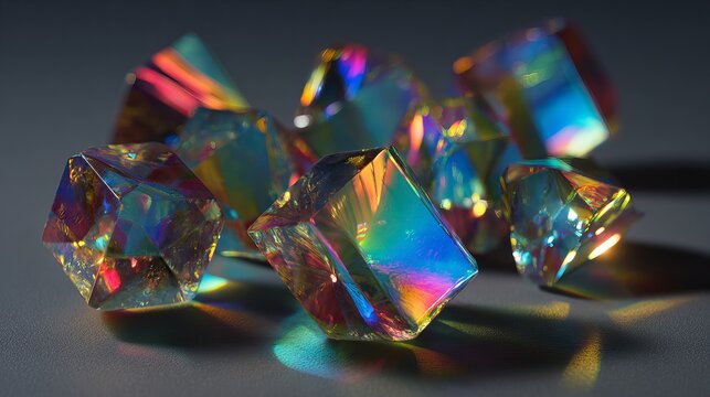 Glass shapes with rainbow light effects shimmer on a dark background.