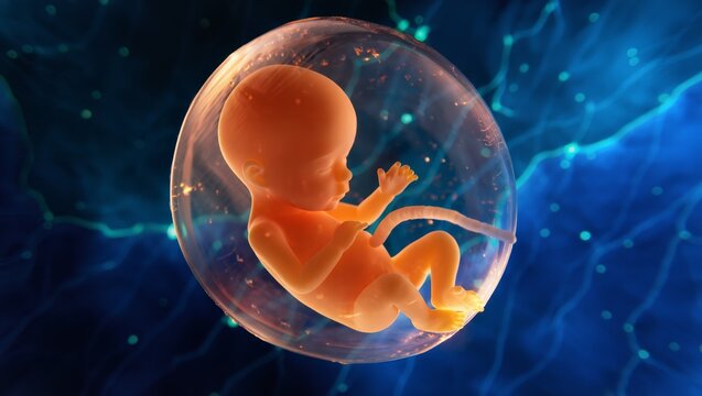 A highly detailed and realistic 3D rendering of a fetus in an amniotic sac, symbolizing IVF and fetal development, set against a dark blue background with glowing blue lines and dots.
