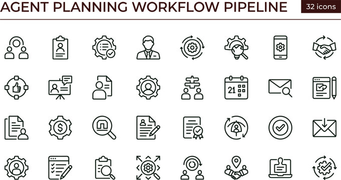Agent planning workflow pipeline icon set scheduling coordination approval tracking analytics management outline vector collection