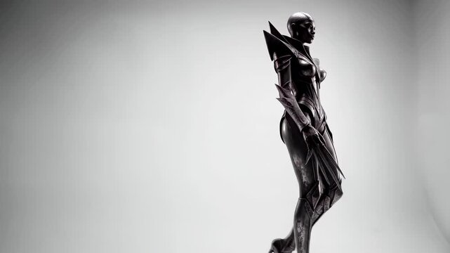 Futuristic female warrior in metallic black armor walking through a bright studio space