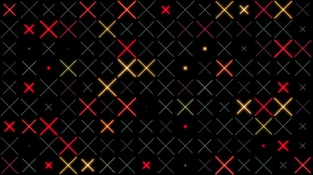 grid wall of glowing neon crosses animated X in red, orange, and dim gray on a black background, with varied sizes and brightness