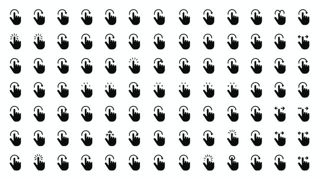 Set of 90 Black Outline Hand Cursor Tap and Touch Gesture Icons Vector