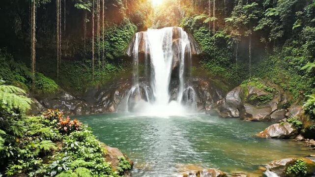 A serene waterfall cascading into a tranquil pool surrounded by lush greenery and vibrant foliage in a natural landscape.