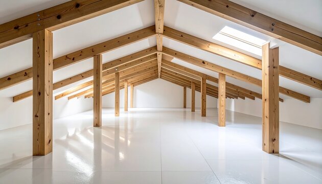Spacious empty attic interior with light wooden beams and clean white walls showing a bright modern renovation project for a cozy home living.
