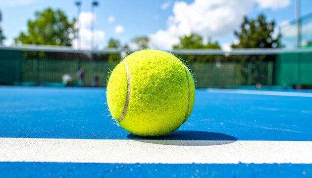 Bright yellow tennis ball resting on the white baseline of a vibrant blue hard court at a professional outdoor sports facility during summer.