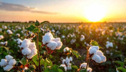 Naklejka premium A serene view of a blooming cotton field at sunset featuring soft white bolls glowing in the golden light of a summer evening in the country.
