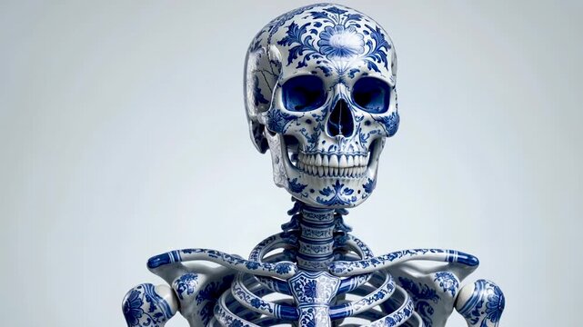Human skeleton decorated with blue porcelain floral pattern on white background