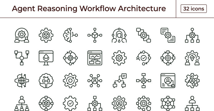 Agent reasoning workflow architecture icon set inference engine logic processing knowledge graph coordination outline vector collection