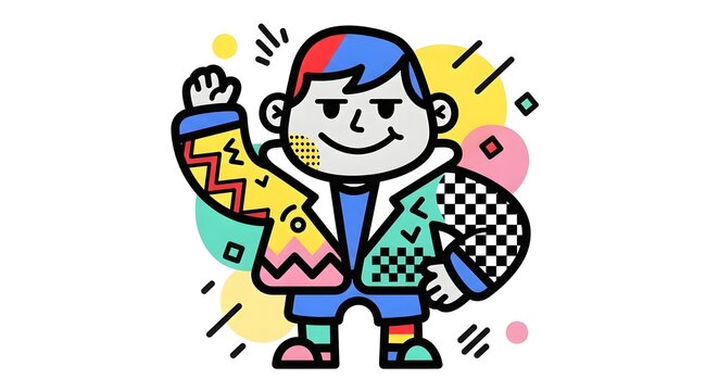 Vibrant Geometric Cartoon Character Celebrating Success with Bold Patterns and Retro Style