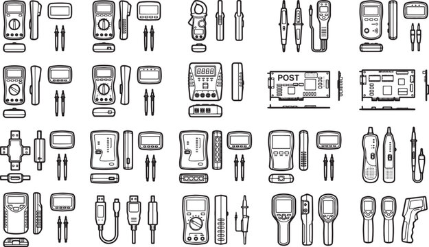 A comprehensive overview of various electrical measuring instruments, meticulously illustrated in a line art style.
