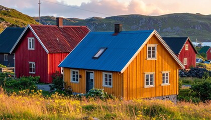 Obraz premium Picturesque colorful wooden cottages in a scenic rural landscape with lush grassy fields under a soft golden hour sunset sky in summertime.