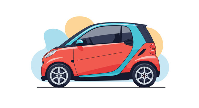 Compact red and light blue electric microcar designed for urban driving shown from a side view against an abstract colorful background.