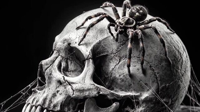 Spooky large spider crawling over human skull with cobwebs in dark background