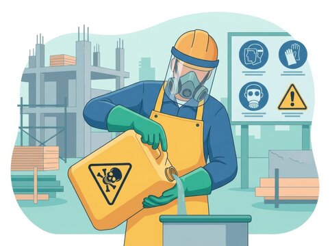 Construction Worker Pours Hazardous Liquid at a Construction Site While Wearing Safety Gear and Handling Materials Carefully