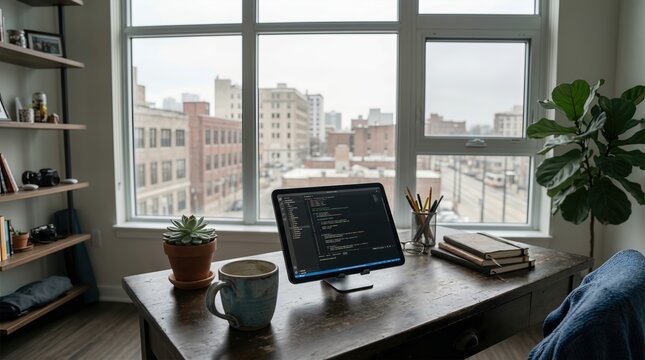 Modern Home Office Setup with Tablet Showing Programming Code, Coffee Cup, and Succulent on Wooden Desk Overlooking City View