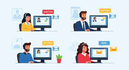 Fototapeta premium Multiethnic customer support team of four operators working at their computers to handle client questions, settings, and emails.