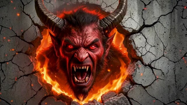 Angry red demon creature bursting through broken concrete wall with intense flames and glowing eyes