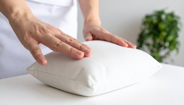 Hands gently pressing a soft white pillow to test texture and comfort for restful sleep in a bright and clean bedroom or wellness spa setting.