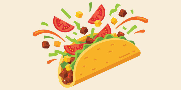 Crispy Mexican taco with flying ingredients, delicious beef taco with tomato and lettuce, flat vector food illustration isolated on beige.