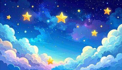 Fototapeta premium Dreamy night sky background featuring bright yellow stars floating among soft fluffy blue clouds in a magical whimsical illustration style.