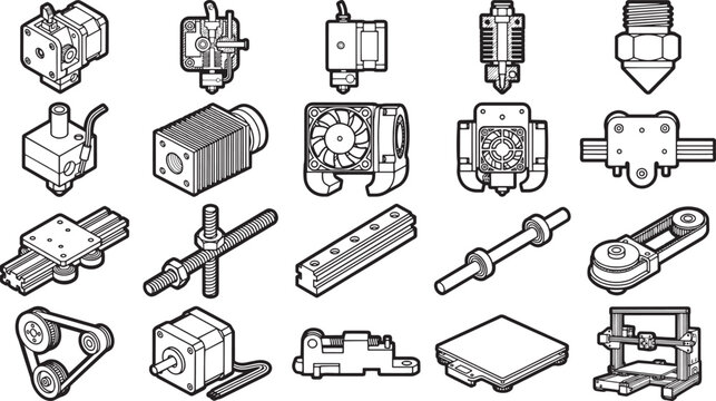 A detailed and stylized collection of 3D printer components is meticulously arranged in a clean and organized manner. capturing the variety and function of each part.