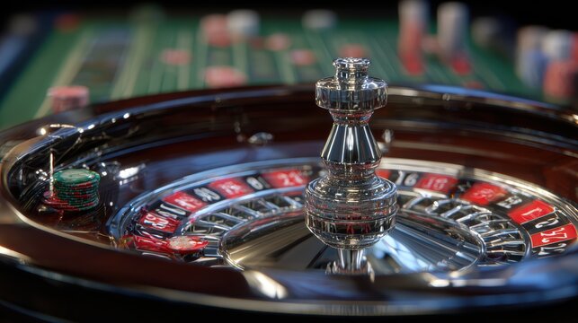 Roulette Wheel in Casino: A close-up view of a roulette wheel spinning, capturing the thrill of chance and the allure of the casino environment.