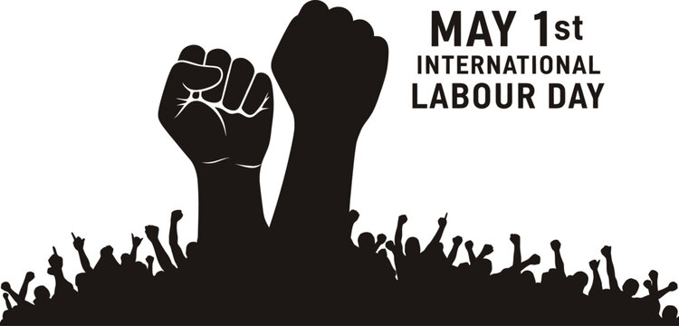 Celebrating international labour day with raised fists and a crowd