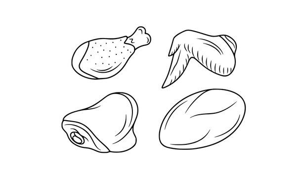 Chicken pieces outline icon collection with drumstick wing thigh and breast editable stroke vector