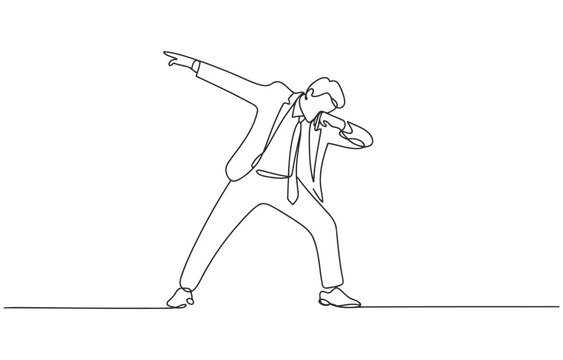 Man in suit doing dab pose with single line art style one line white background single stroke illustration minimalist business celebration movement activity lifestyle creative character