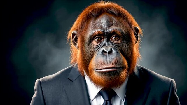Professional orangutan businessman in formal suit thinking deeply about important corporate decisions
