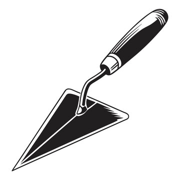 Vintage masonry trowel vector illustration, classic bricklayer hand tool with wooden handle, black and white construction equipment icon for logos.