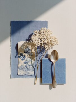 Overhead flat lay of blue fabric, decorative tile, dried flowers, and silver spoon on pure white background, ideal for mood board and design inspiration